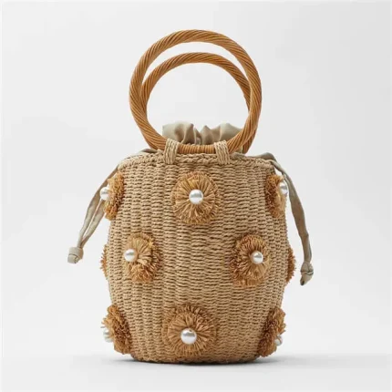 Women Fashion Woven Flower Imitation Pearl Handle Bag