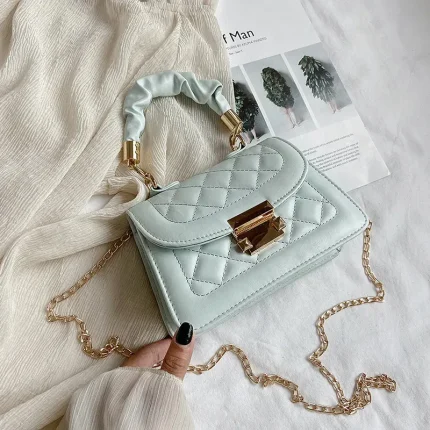 Women Vintage Chain Design Solid Color Quilted Shoulder Handle Bag