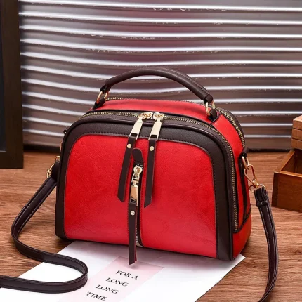 Women Vintage Zipper Multi Pocket Design Color Blocking Large Capacity Shoulder Handle Bag