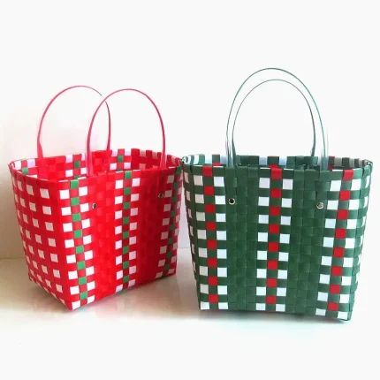 Vegetable Basket Straw Woven Waterproof Beach Women Casual Design Color Blocking Large Capacity Shoulder Handle Bag